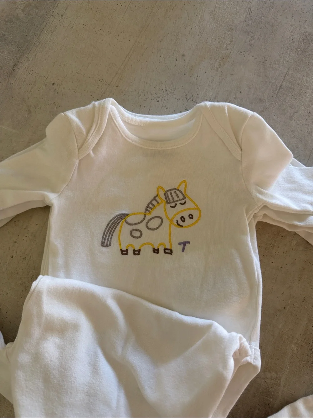 White Long-Sleeve Baby Bodysuit with horse motif ( days of week, complete set)